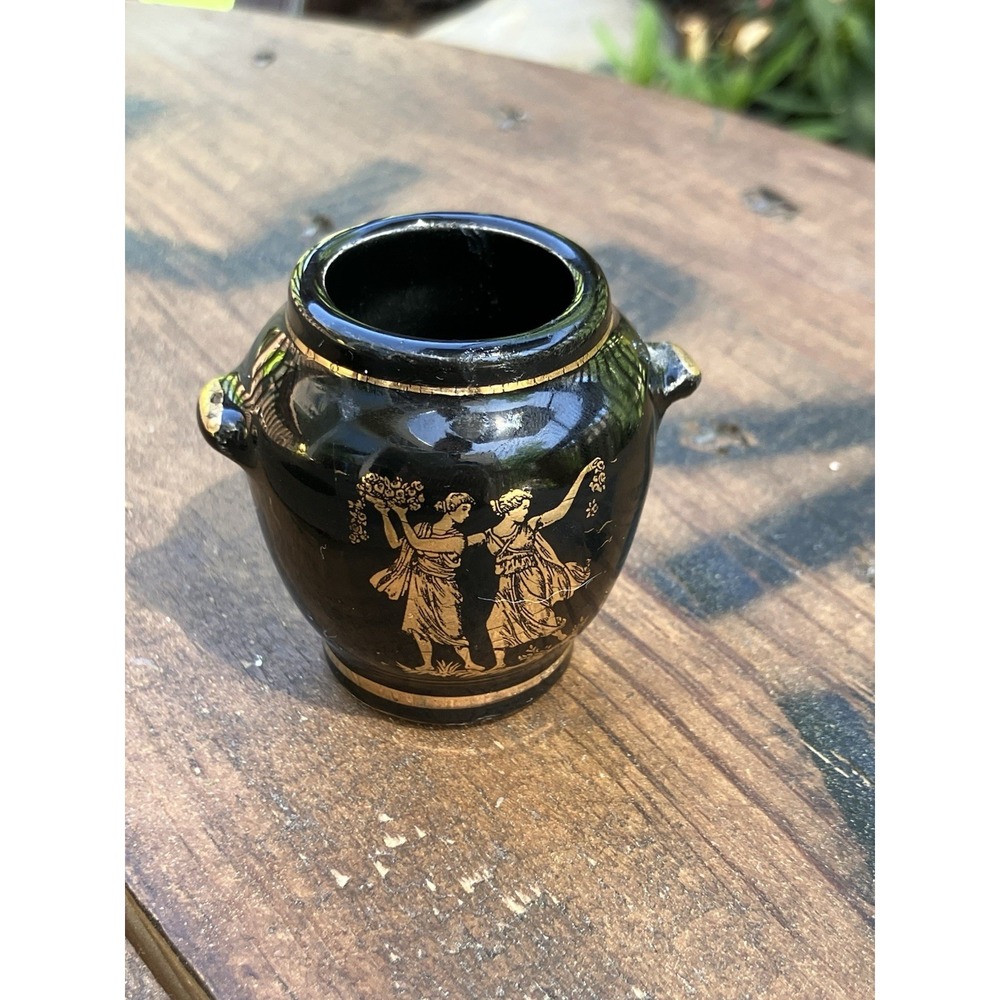 Mini Black Greek Vase Urn Gold Classical Scene Amphora Style Vintage 1.75"